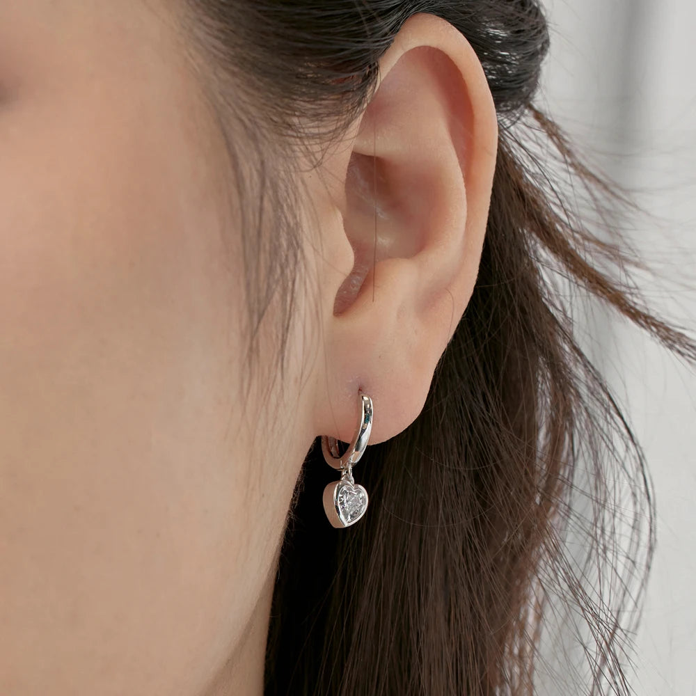 Silver Zircon Heart Cut Drop Huggie Earrings