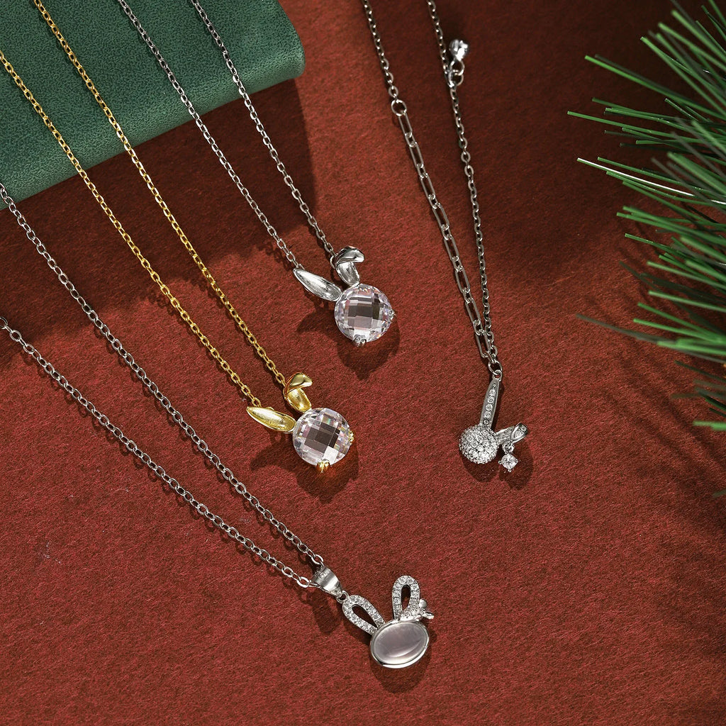 Silver Crystal Round Cut Bunny Pendant Necklace