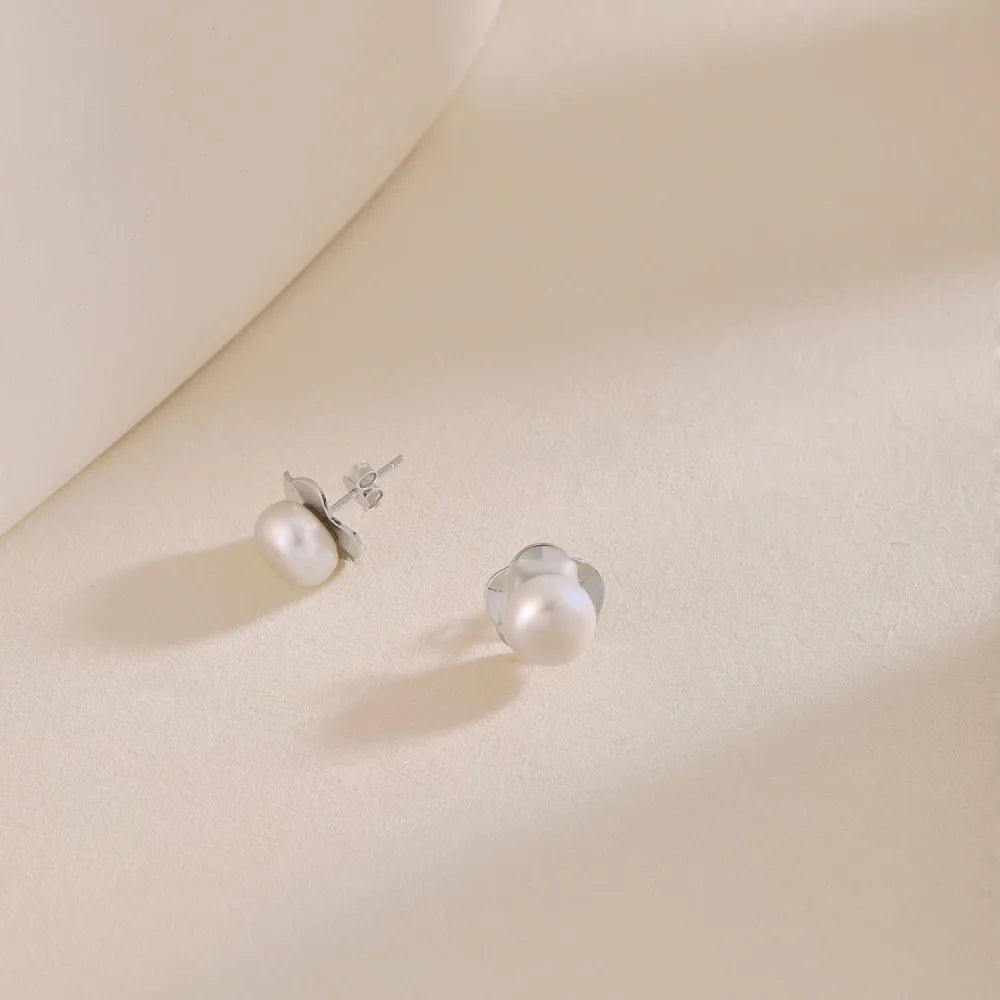 Silver Pearl Flower Ear Studs
