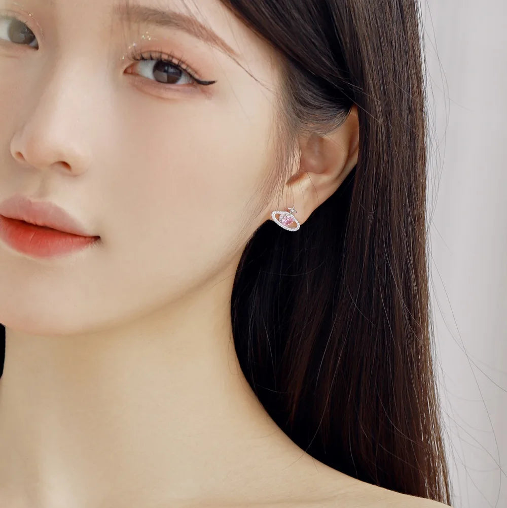 Silver Zircon Heart Cut Planet Ear Studs