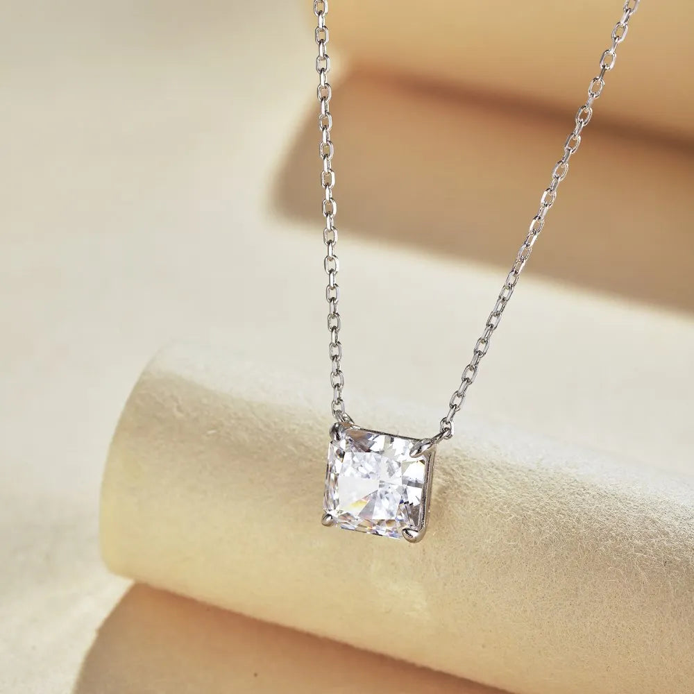 Silver Zircon Princess Cut Solitaire Pendant Necklace