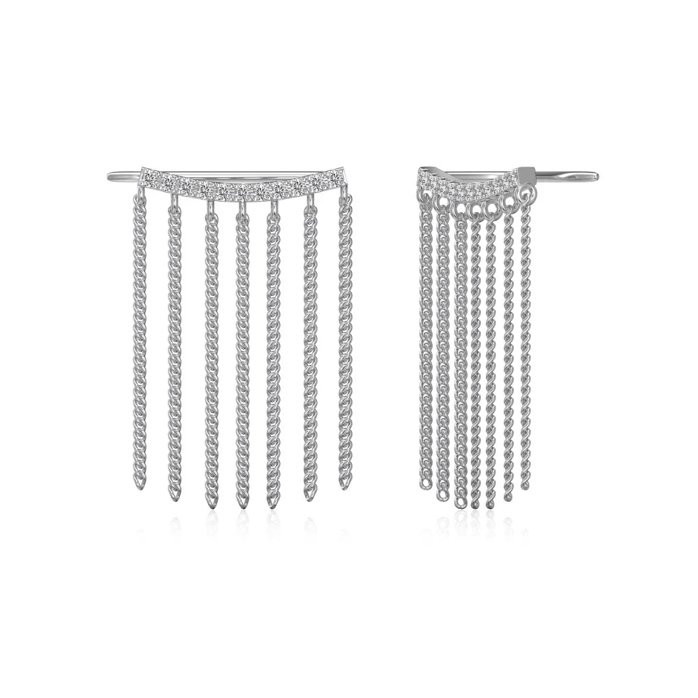Silver Zircon Round Cut Bar Tassel Drop Earrings