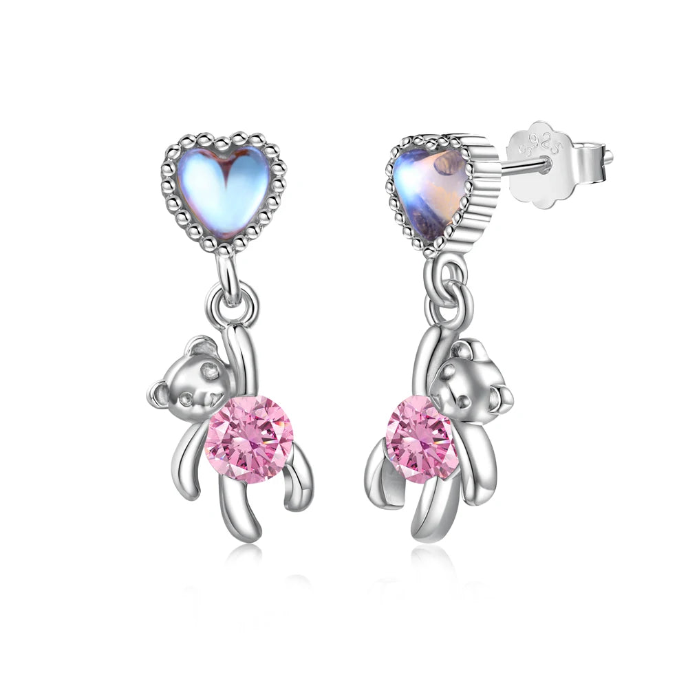 Silver Zircon Round Cut Bear Drop Earrings