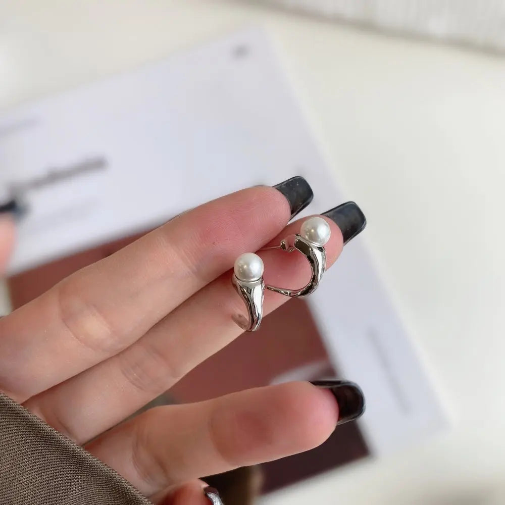 Silver Pearl Chunky Huggie Earrings