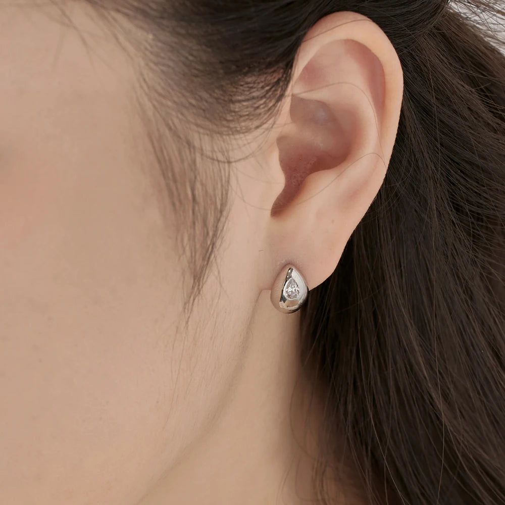 Silver Zircon Pear Cut Curved Water Drop Ear Studs