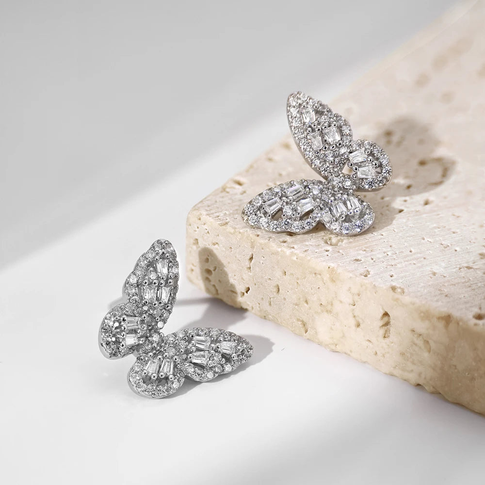 Silver Zircon Tapered Baguette Cut Inlaid Butterfly Ear Studs