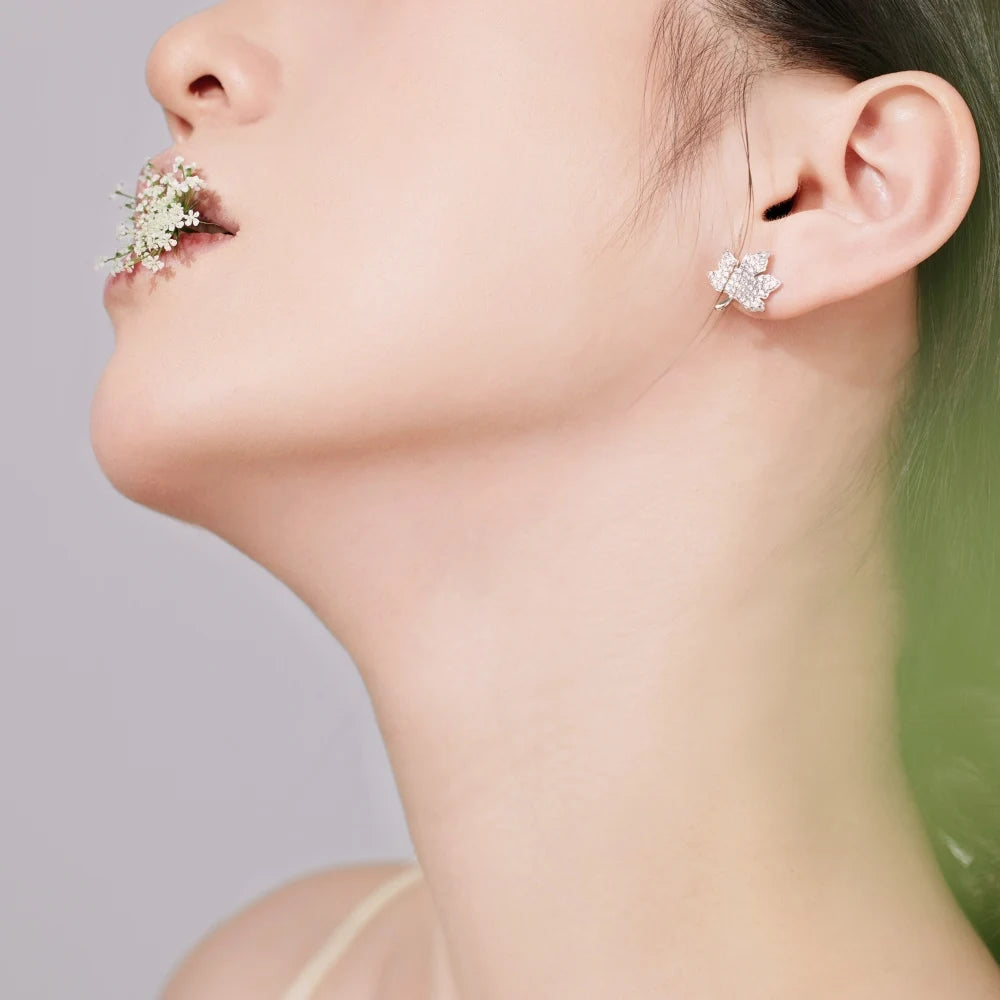 Silver Zircon Round Cut Maple Leaf Ear Studs