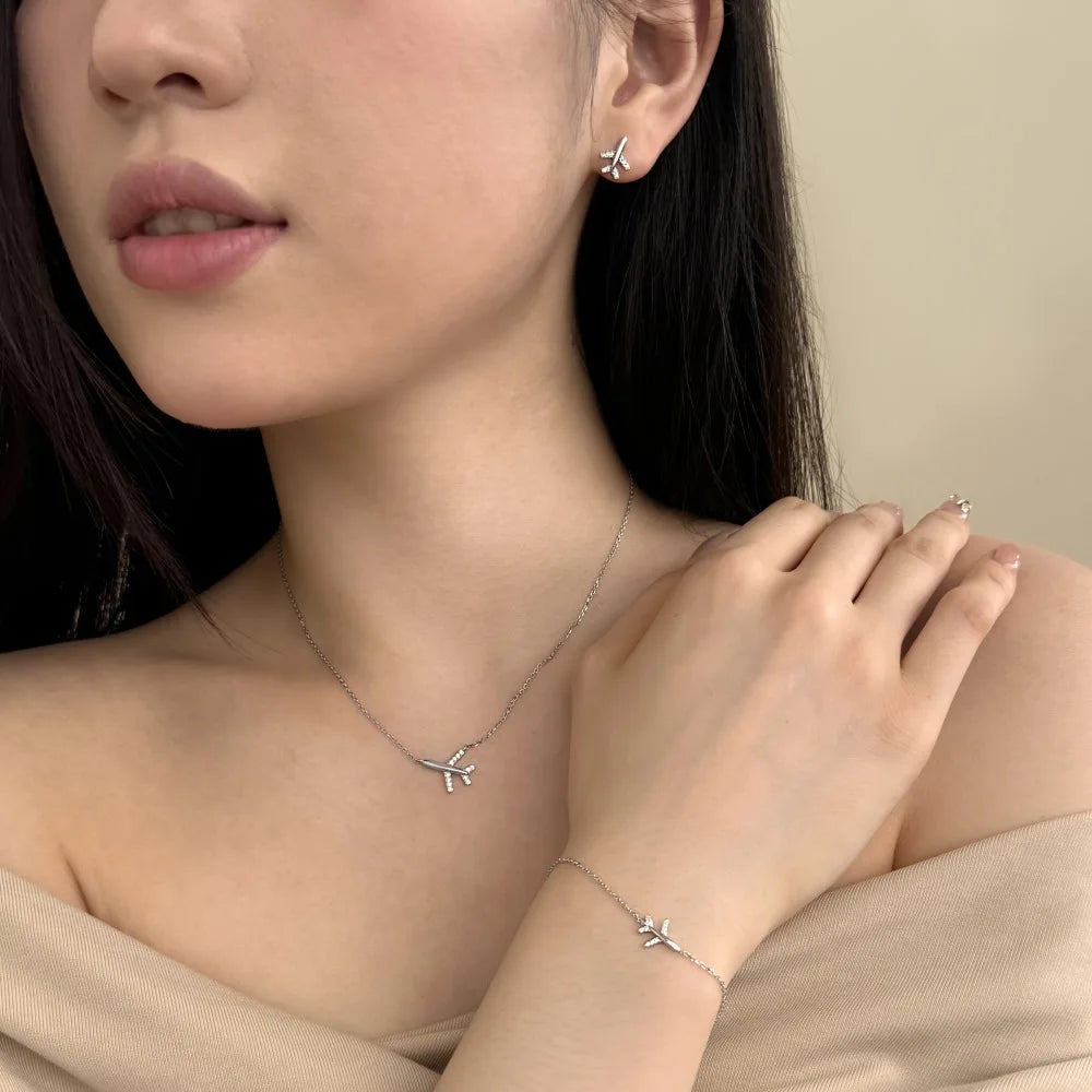 Silver Zircon Round Cut Plane Pendant Necklace