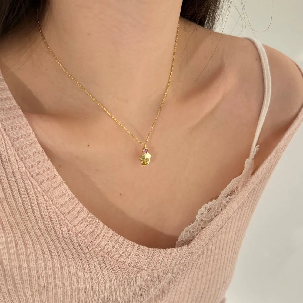 Silver Zircon Heart Cut Cupcake Pendant Necklace