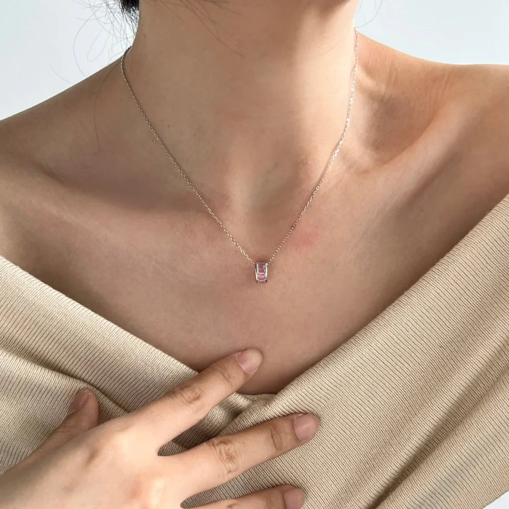 Silver Zircon Baguette Cut Cylinder Pendant Necklace