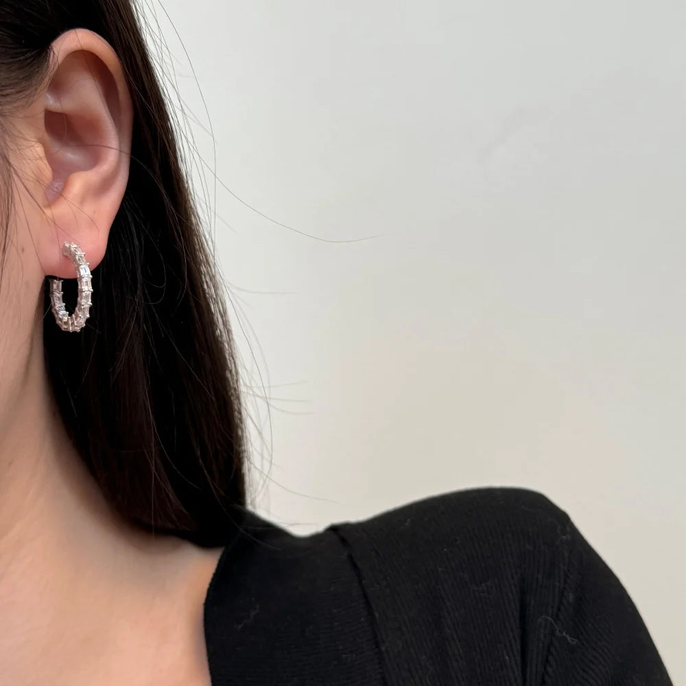 Silver Zircon Cushion Cut Hook Inlaid Ear Hoops