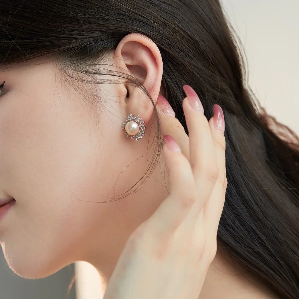 Silver Pearl Snowflake Ear Studs
