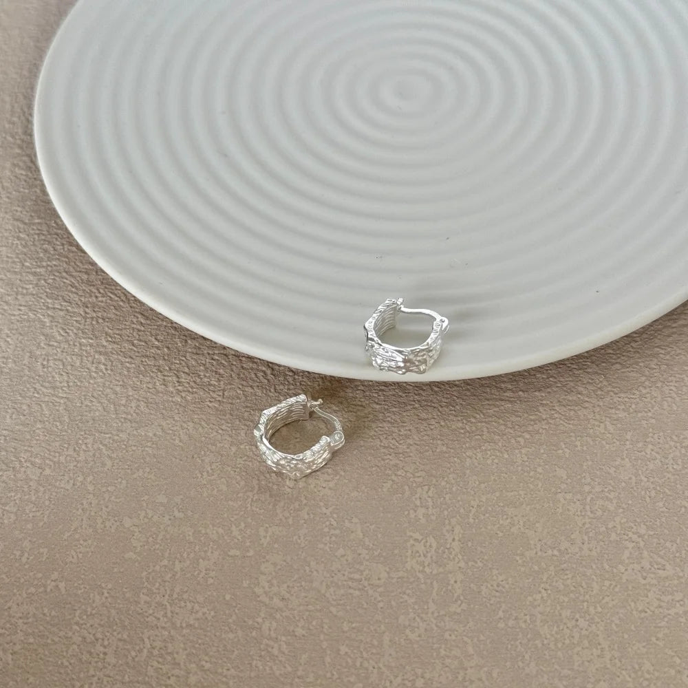 Silver Textured Chunky Huggie Earrings