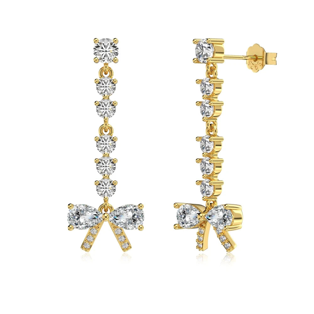 Silver Zircon Pear Cut Dangle Bow Drop Earrings