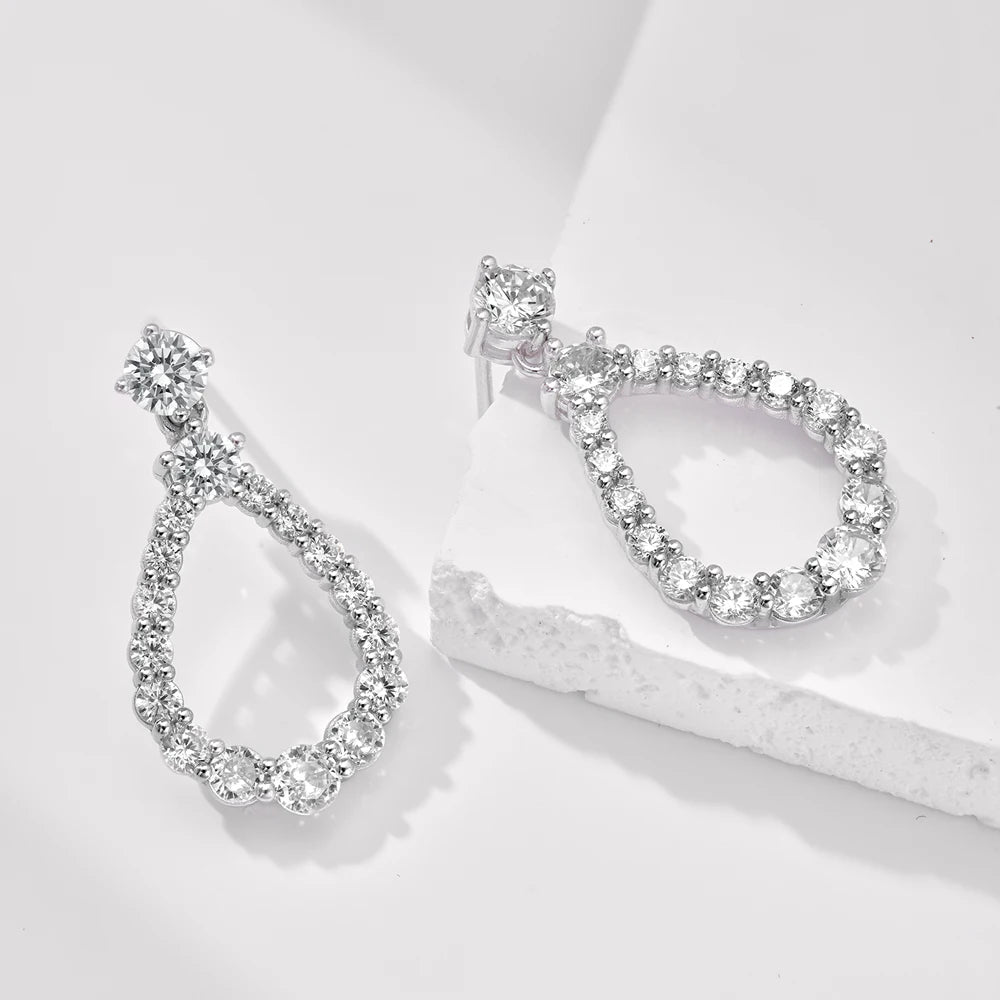 Silver Zircon Round Cut Halo Water Drop Drop Earrings