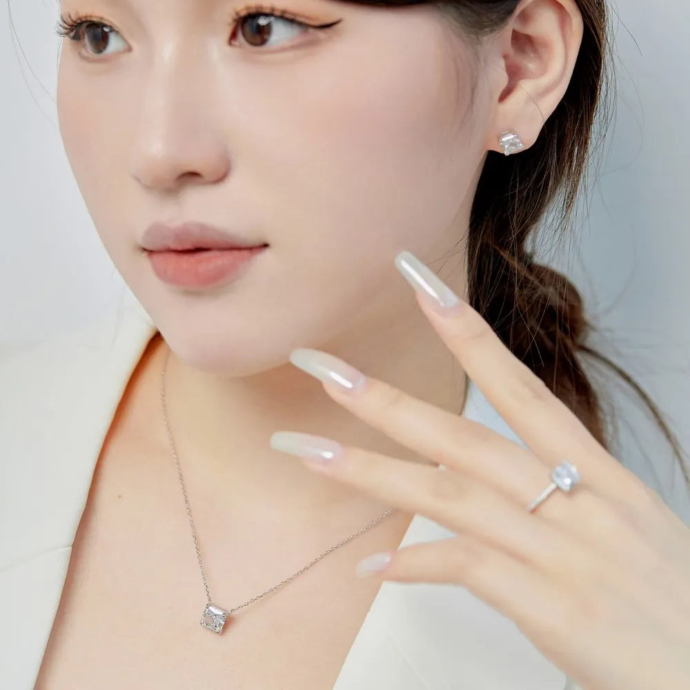 Silver Zircon Princess Cut Squared Ear Studs