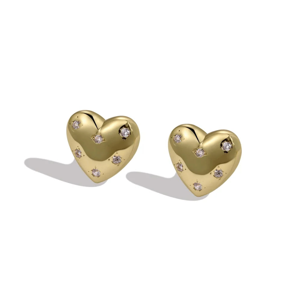 Silver Zircon Round Cut Inlaid Heart Ear Studs