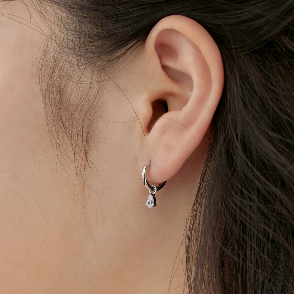 Silver Zircon Pear Cut Water Drop Huggie Earrings