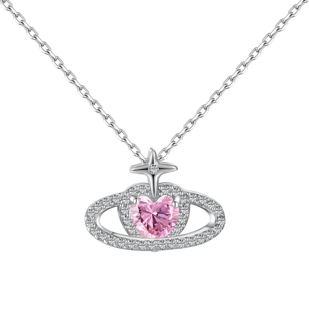 Silver Zircon Heart Cut Crossed Pendant Necklace