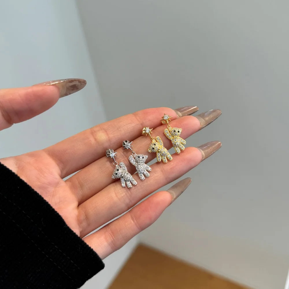 Silver Zircon Round Cut Iced Bear Drop Earrings