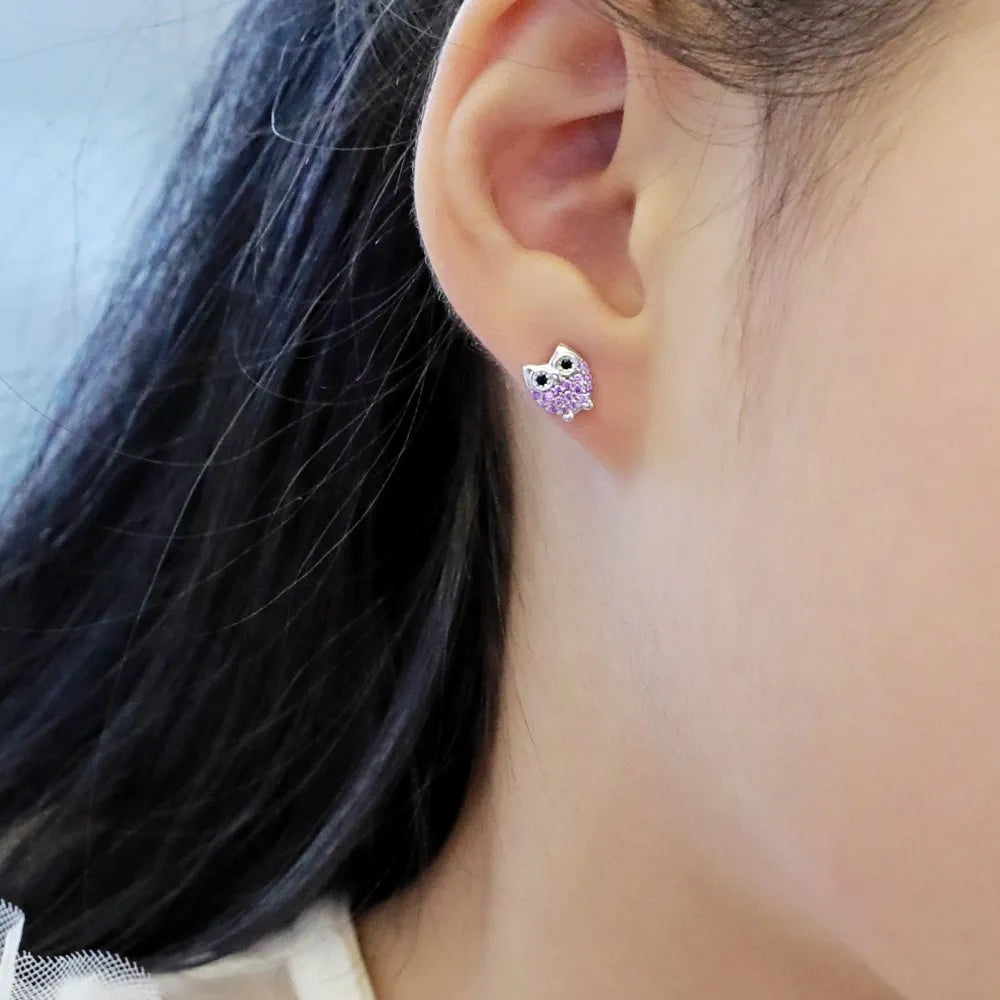 Silver Zircon Round Cut Owl Ear Studs