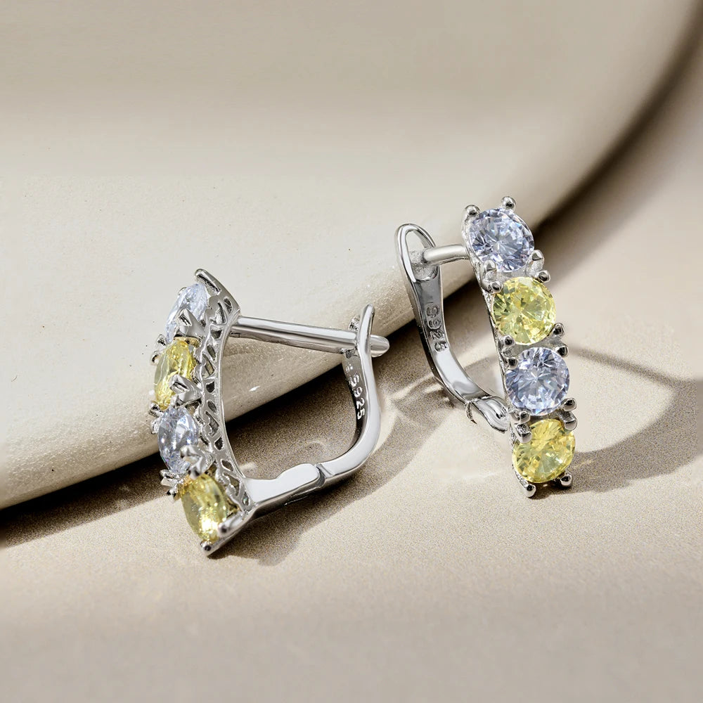 Silver Zircon Round Cut Inlaid Huggie Earrings