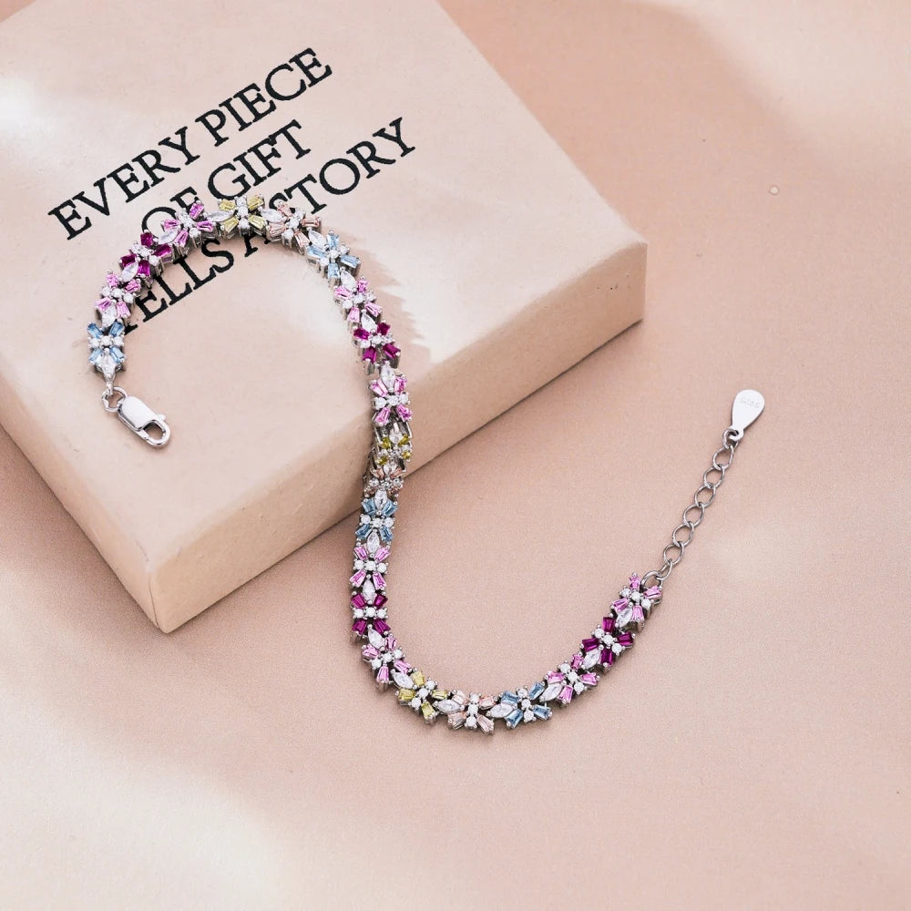 Silver Zircon Tapered Baguette Cut Flower Tennis Bracelet