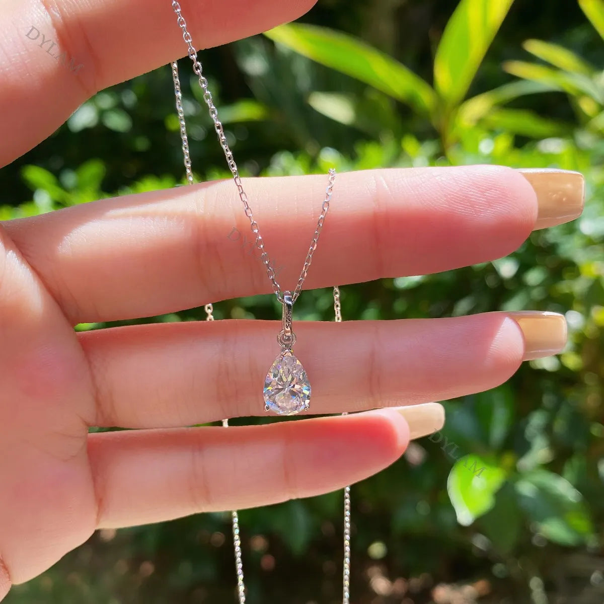 Silver Zircon Pear Cut Water Drop Pendant Necklace