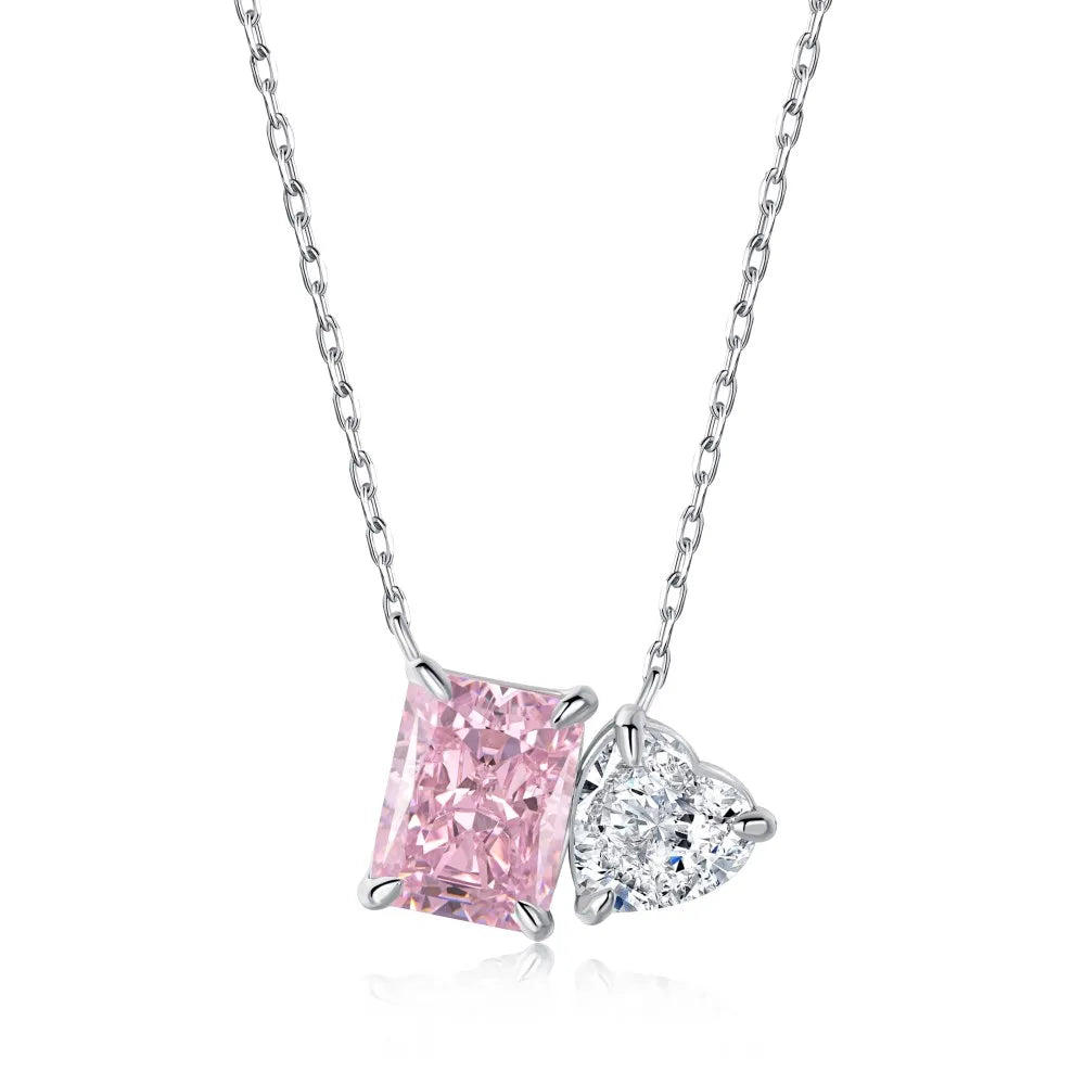 Silver Zircon Radiant Cut Toi Et Moi Pendant Necklace