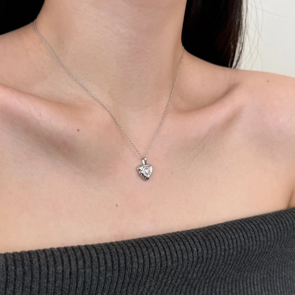 Silver Zircon Heart Cut Melting Heart Pendant Necklace