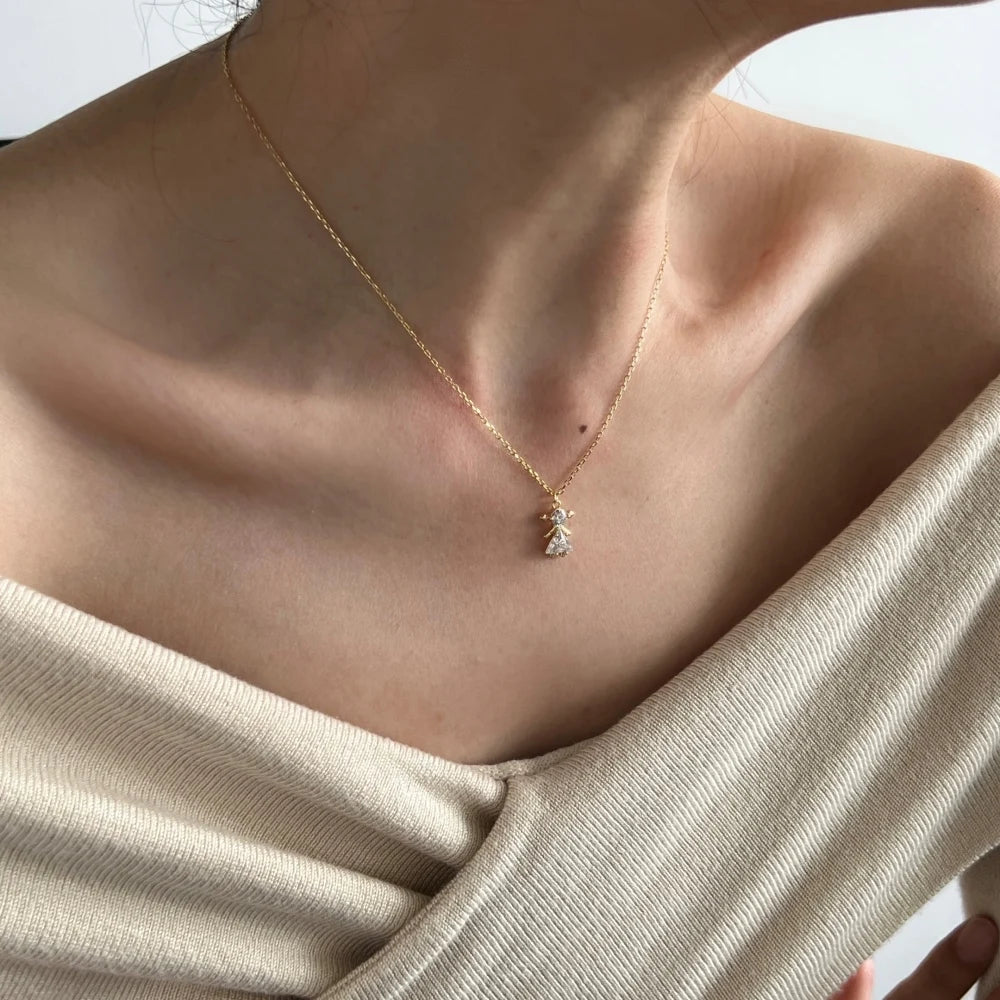 Silver Zircon Triangle Cut Girl Pendant Necklace