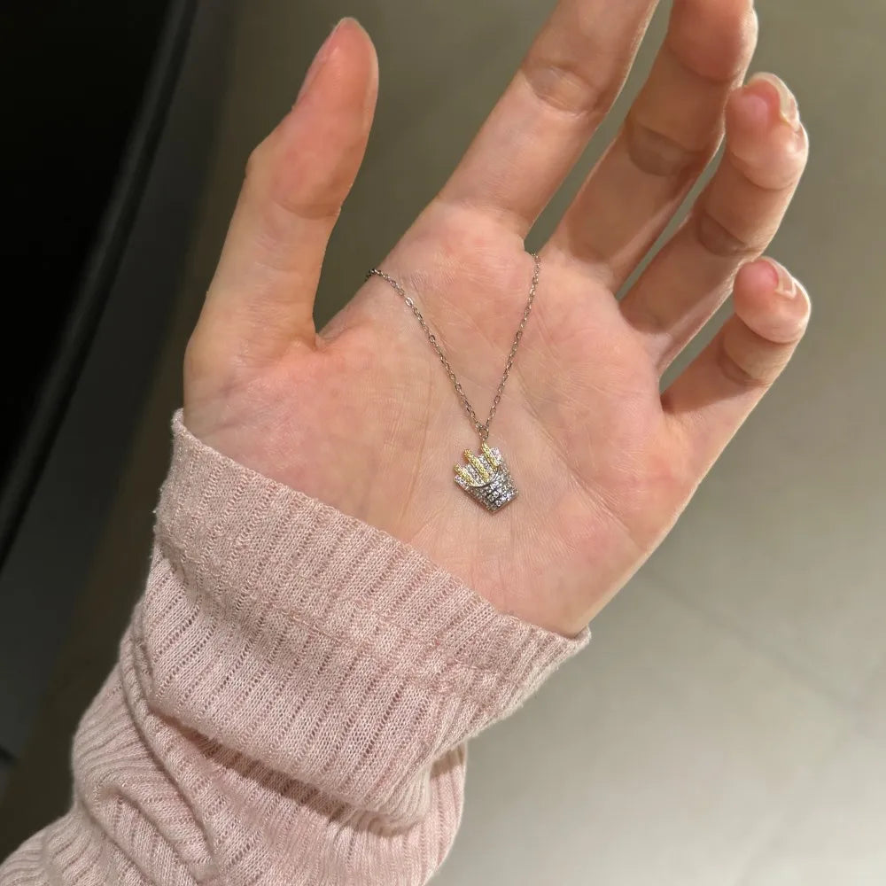 Silver Zircon Round Cut French Fries Pendant Necklace