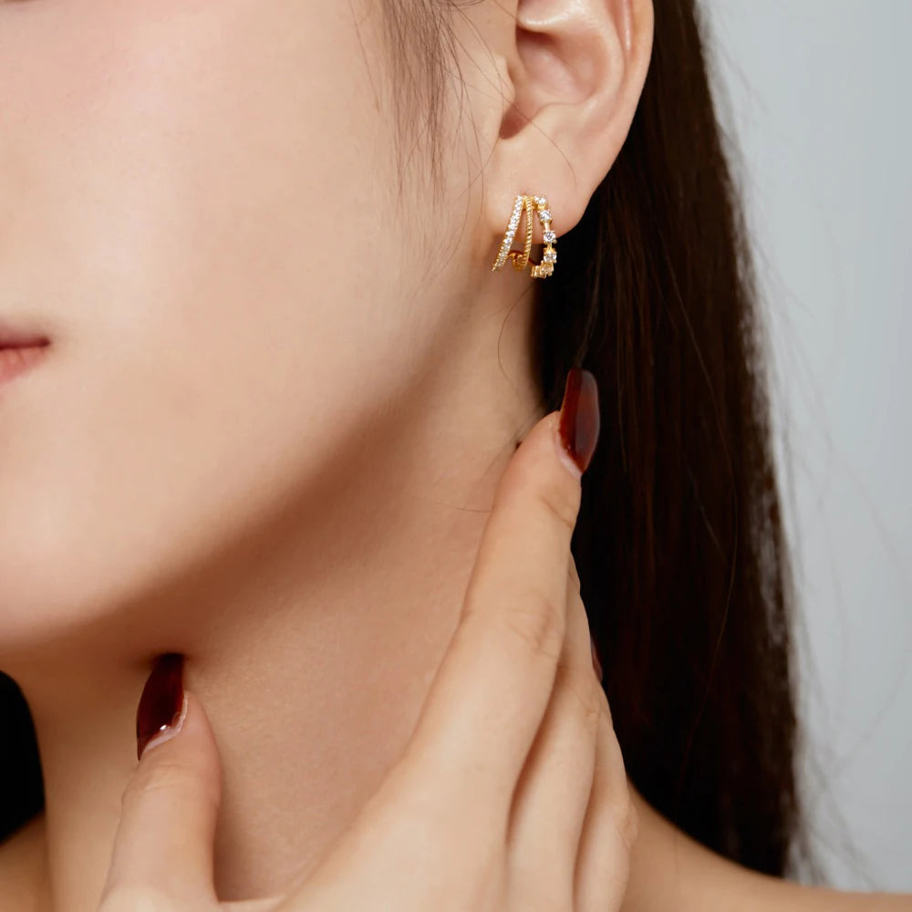 Silver Zircon Round Cut Twisted Hollow Huggie Earrings