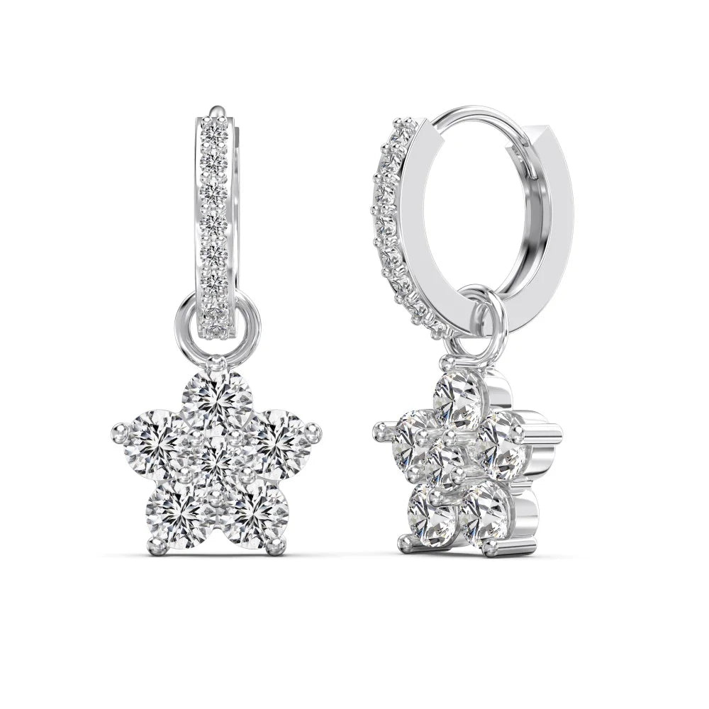 Silver Zircon Round Cut Drop Flower Ear Hoops