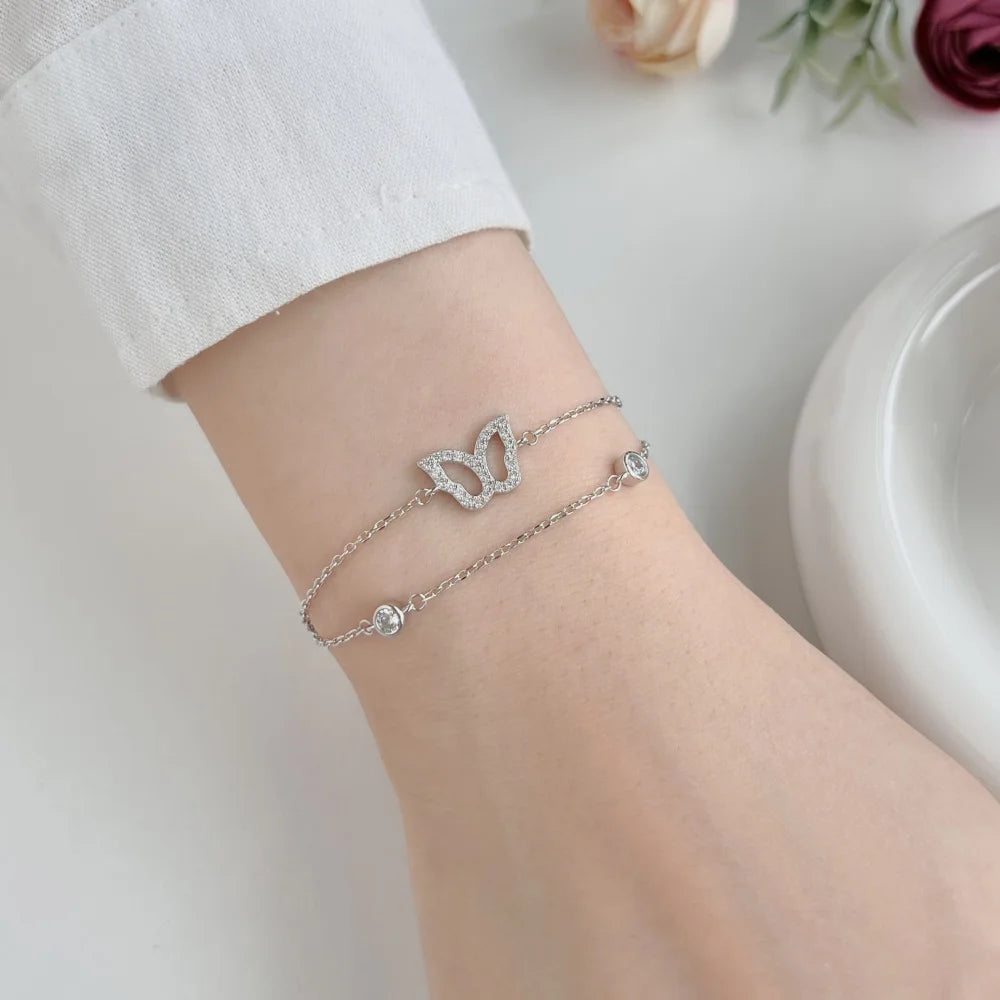 Silver Zircon Round Cut Iced Butterfly Chain Bracelet