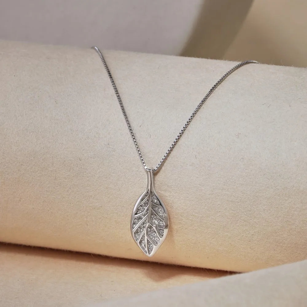 Silver Zircon Round Cut Leaf Pendant Necklace