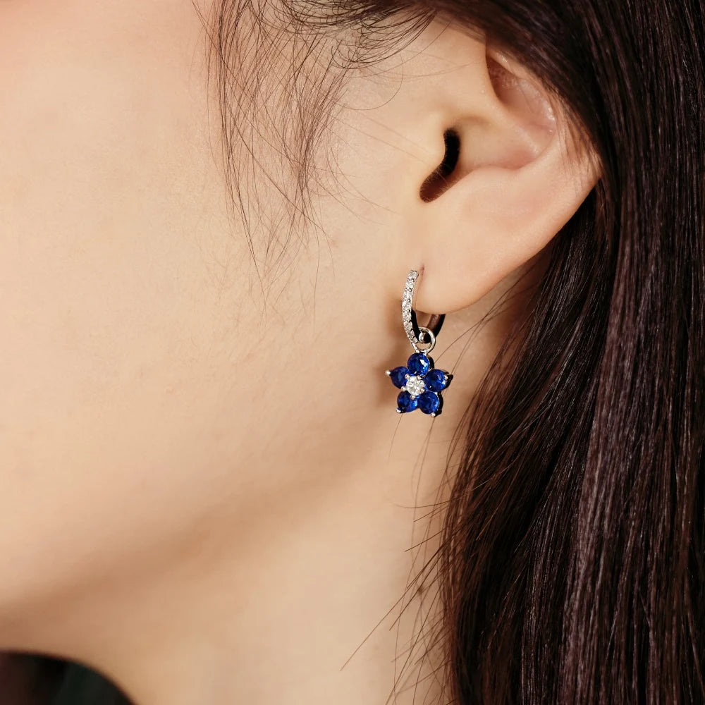 Silver Zircon Round Cut Drop Flower Ear Hoops