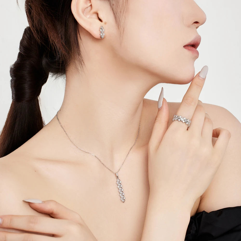 Silver Zircon Princess Cut Irregular Line Bar Necklace