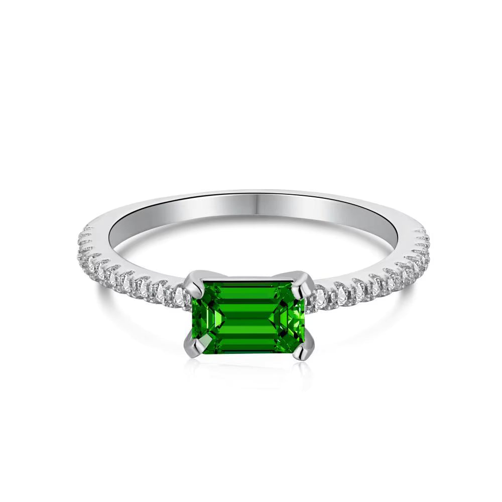 Silver Zircon Emerald Cut Sided Solitaire Ring