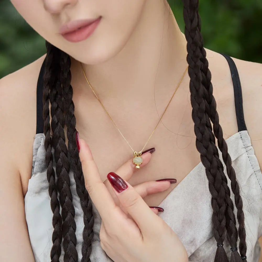 Silver Jade Bunny Pendant Necklace