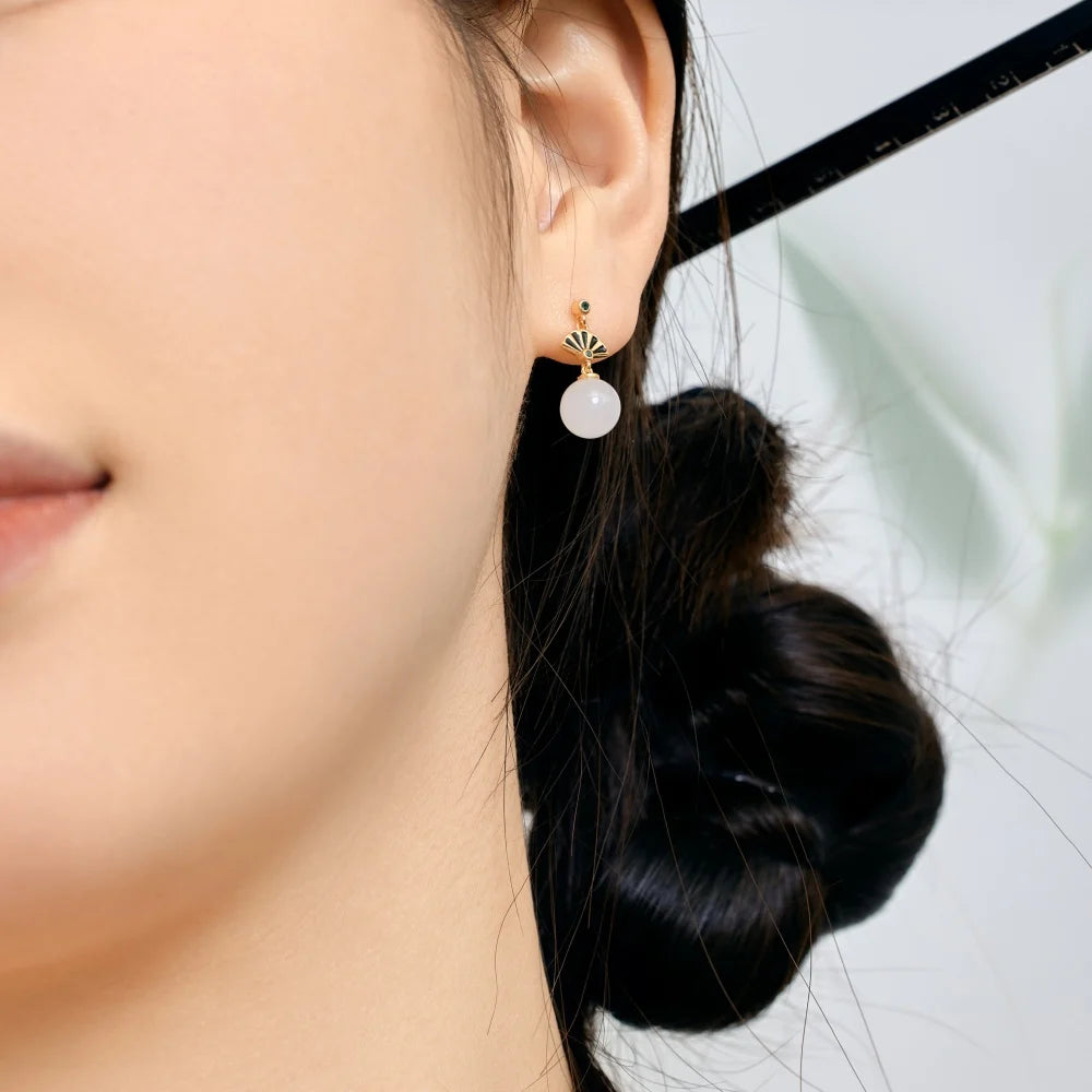 Silver Jade Folding Fan Drop Earrings