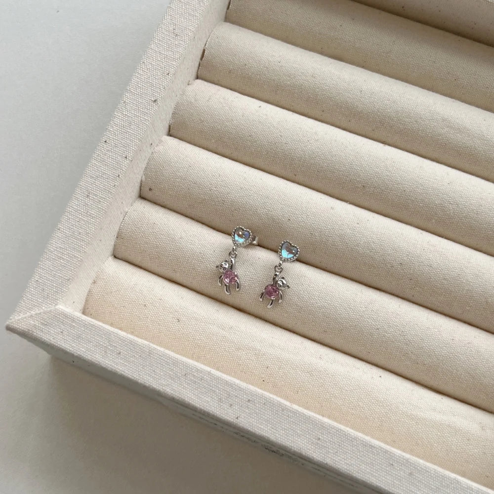 Silver Zircon Round Cut Bear Drop Earrings