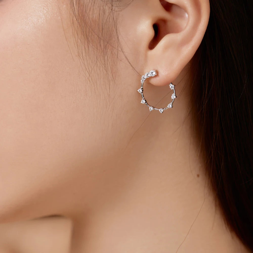 Silver Zircon Round Cut Inlaid Spiky Ear Studs