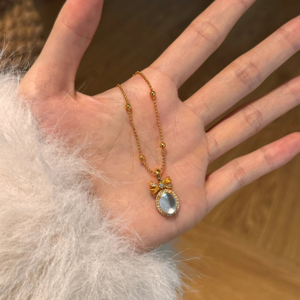 Silver Jade Cut Bow Knot Pendant Necklace