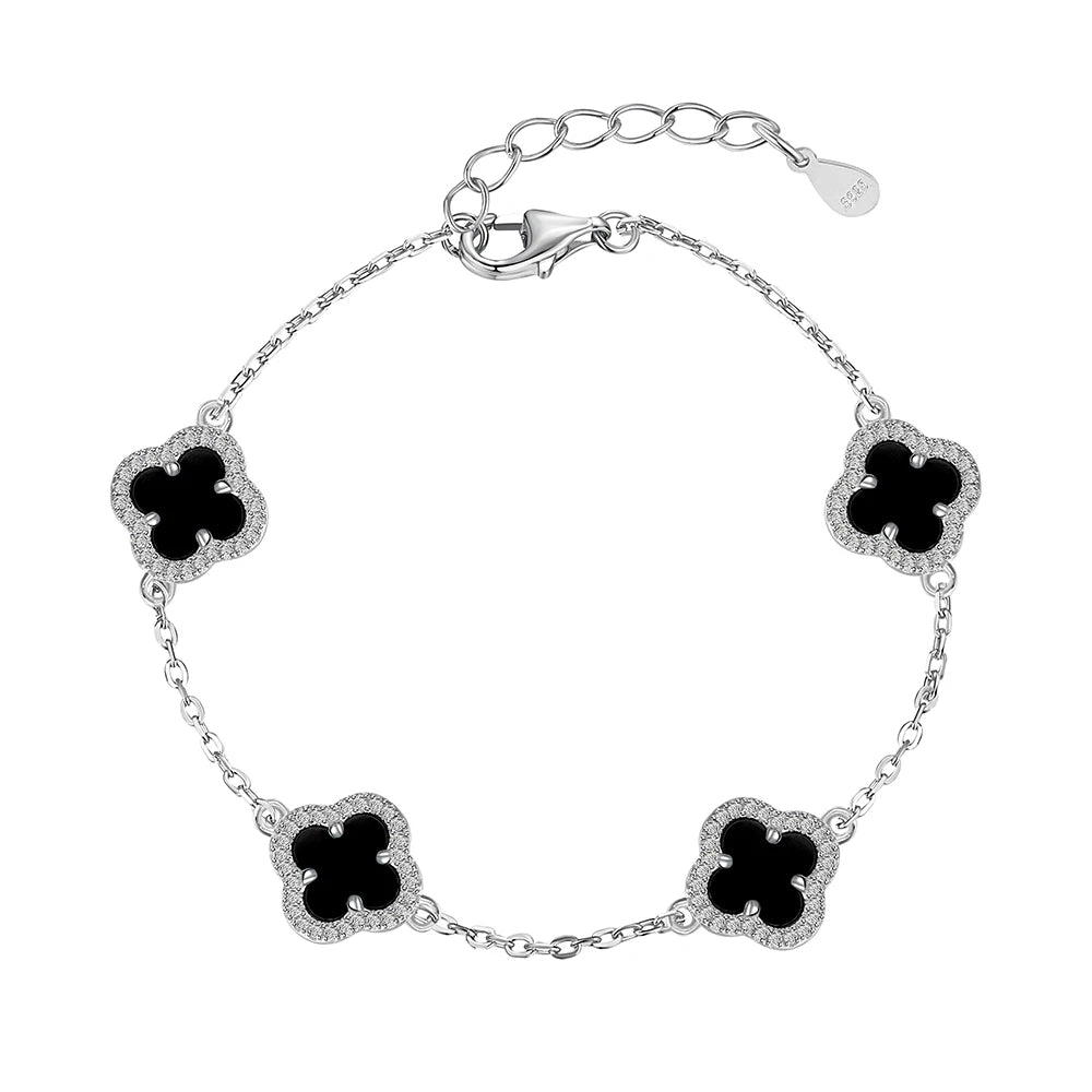 Silver Onyx Clover Cut Clover Charm Bracelet