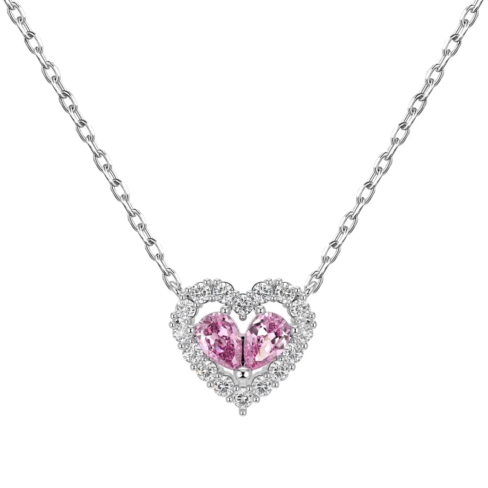 Silver Zircon Pear Cut Halo Heart Pendant Necklace