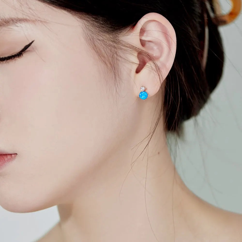 Silver Opal Round Cut Simple Ear Studs