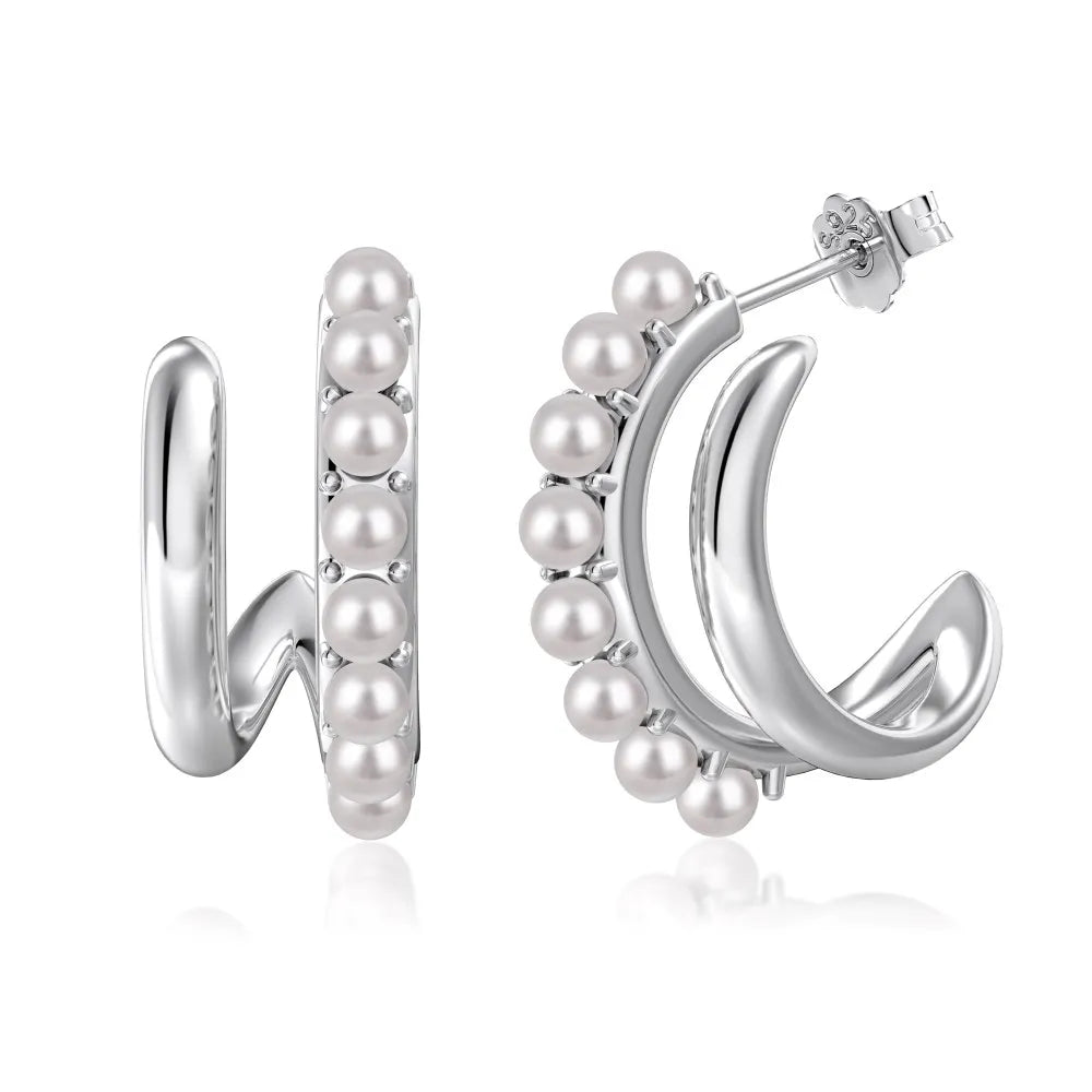 Silver Pearl Double Layer Ear Hoops