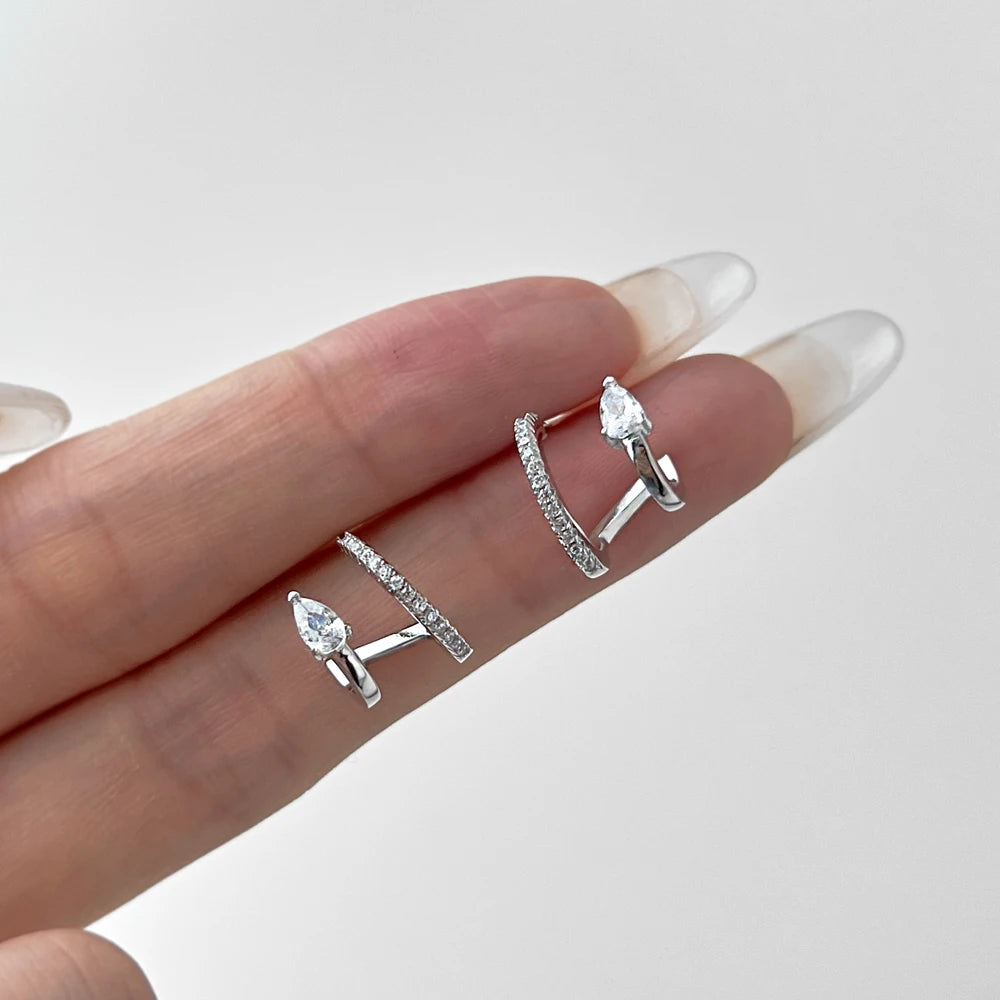 Silver Zircon Pear Cut Inlaid Double Layer Ear Hoops