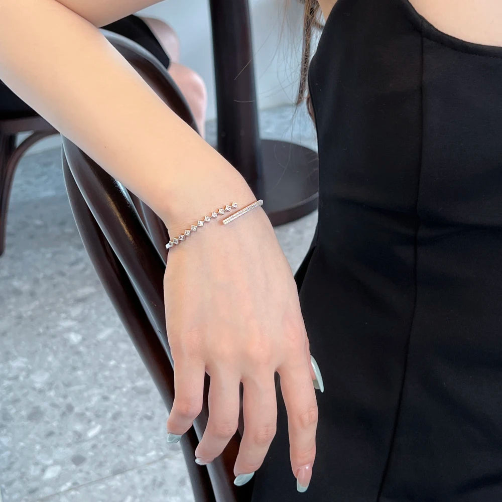 Silver Zircon Round Cut Open Bangle Bracelet